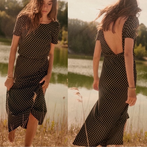 Sezane Dresses & Skirts - SEZANE Black & White Polka Dot Printed Open Back Organic Cotton Luce Midi Dress